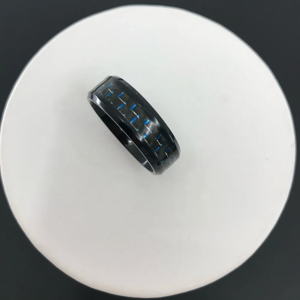 Mens Black Ceramic Carbon Fiber Stainless Steel Ring With Blue Accents Size 11.5